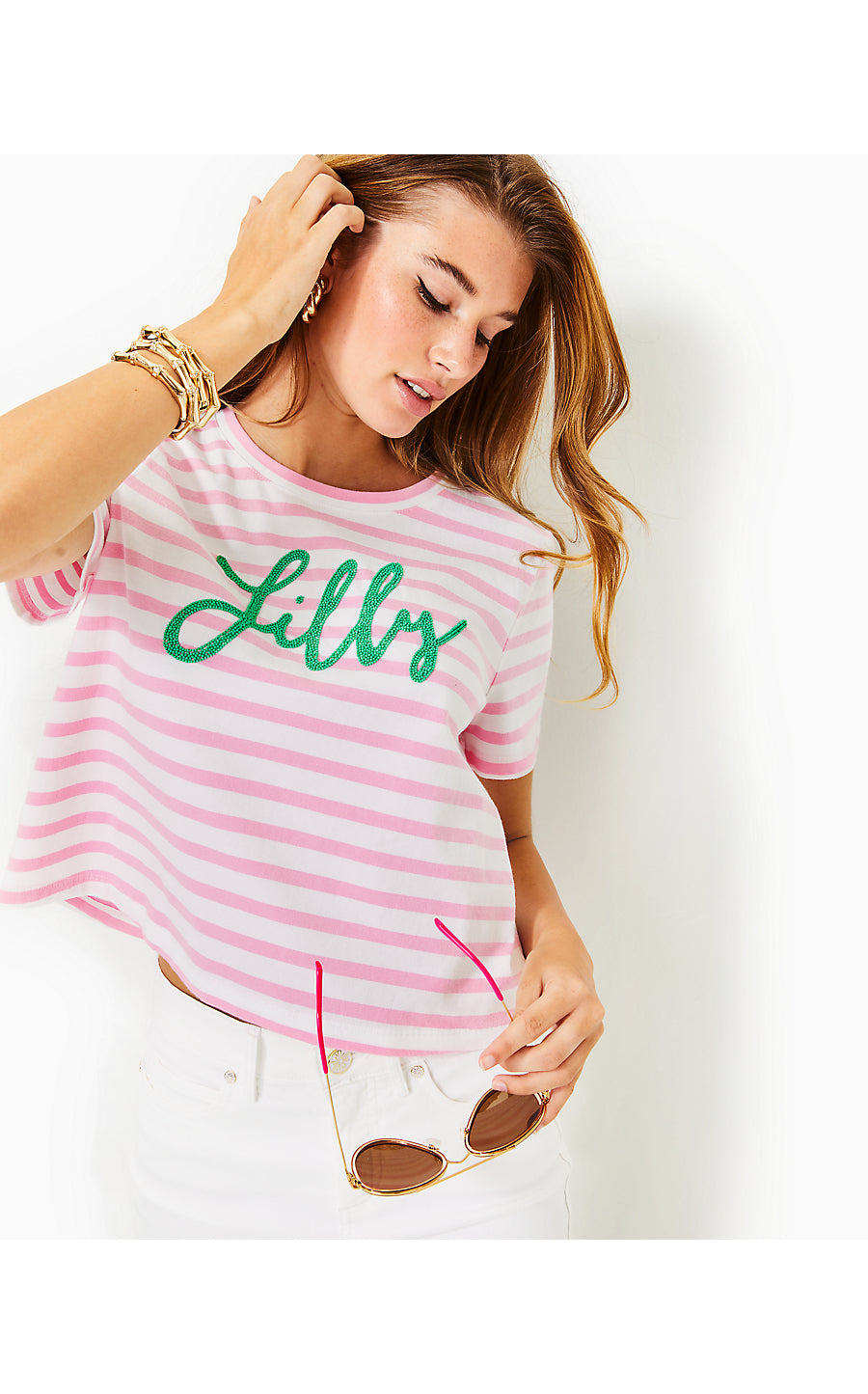 Keenan Knit Top | Conch Shell Pink Striped Lilly Pulitzer Embellished Top