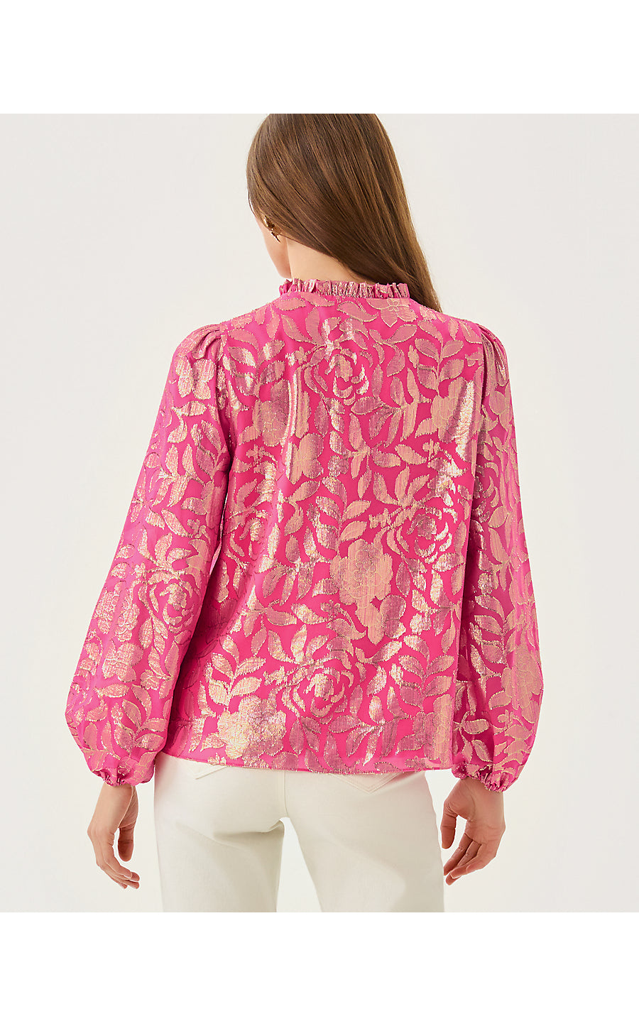 GIANA LONG SLEEVE SILK TOP | SUN SHELL PINK FLORAL BLOOM SILK CLIP