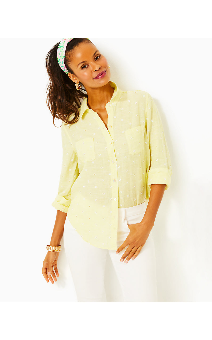Sea View Button Down | Finch Yellow You Drive Me Daisy Embroidered Linen