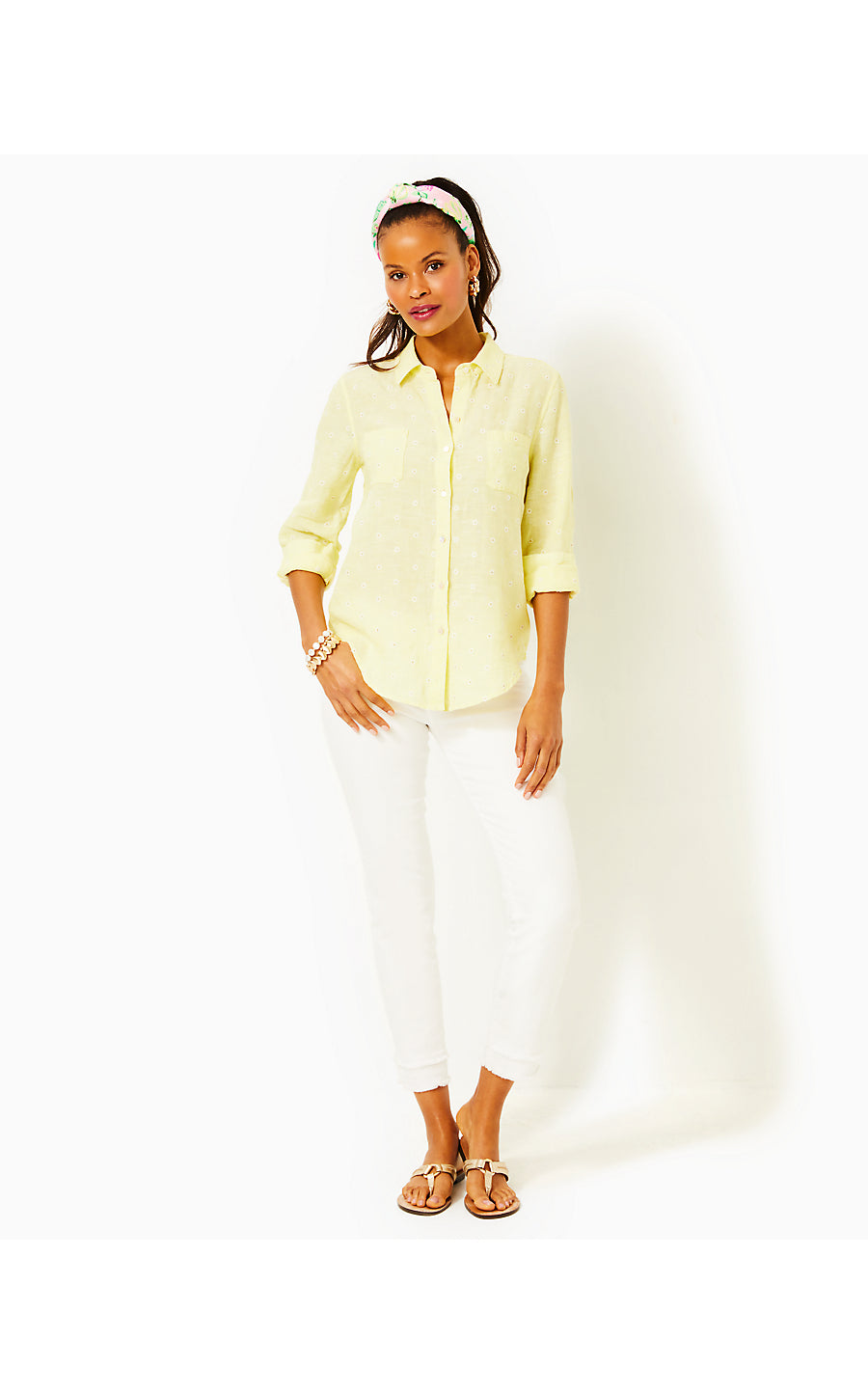 Sea View Button Down | Finch Yellow You Drive Me Daisy Embroidered Linen
