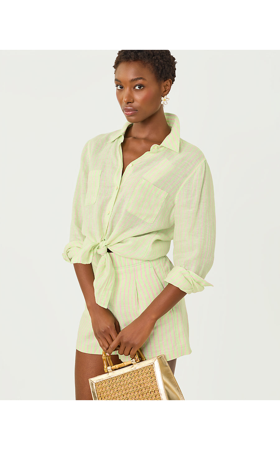 SEA VIEW BUTTON DOWN | PISTACHIO MACARON X CONCH SHELL PINK SAINT TROPEZ STRIPE