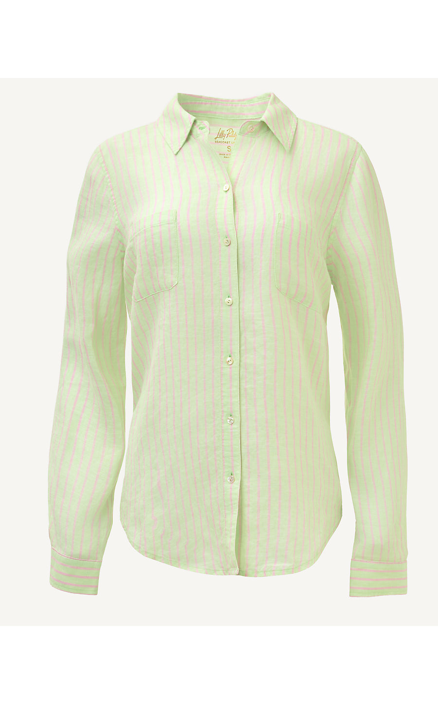 SEA VIEW BUTTON DOWN | PISTACHIO MACARON X CONCH SHELL PINK SAINT TROPEZ STRIPE
