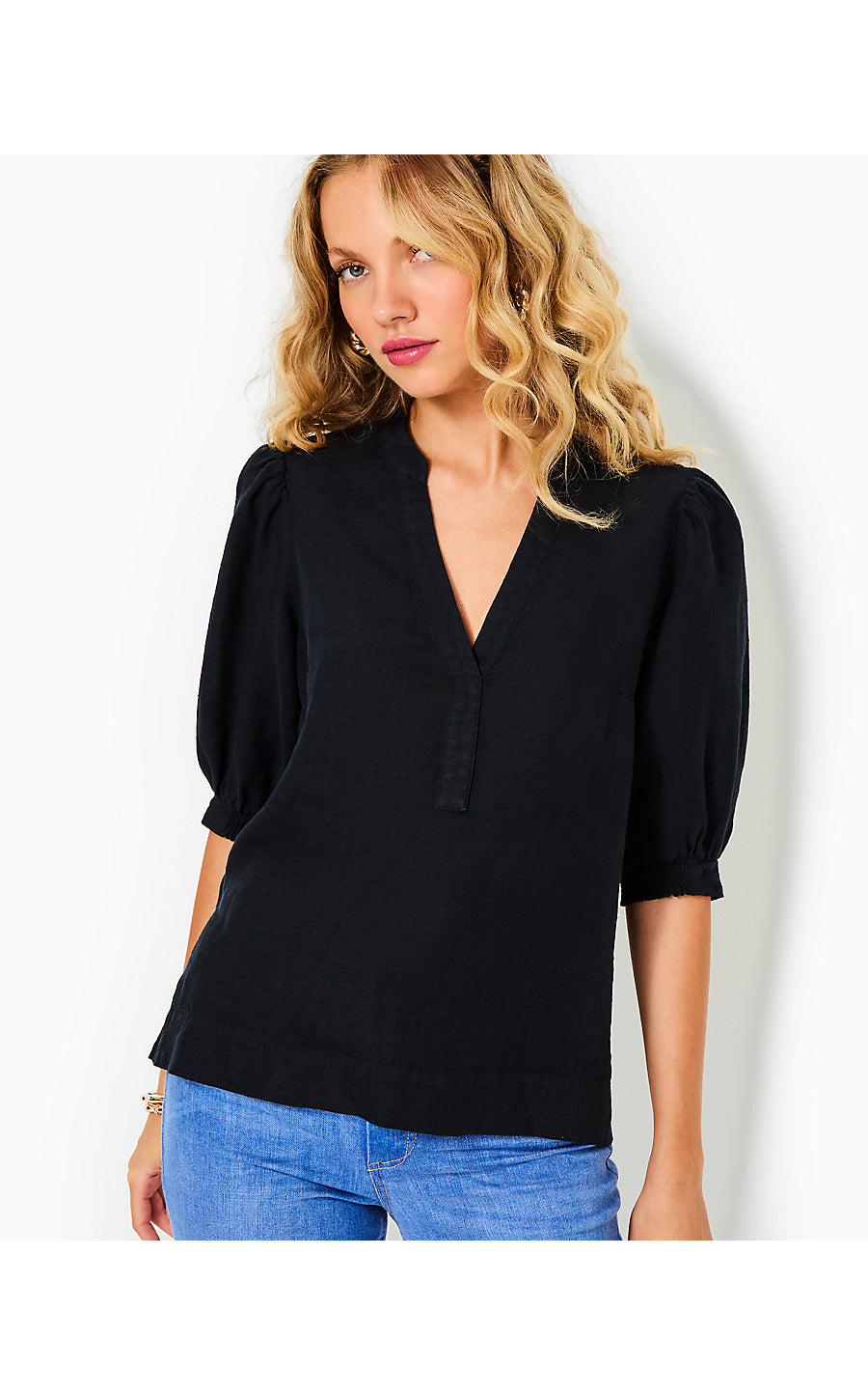 MIALEIGH ELBOW SLEEVE LINEN TOP | NOIR X NOIR