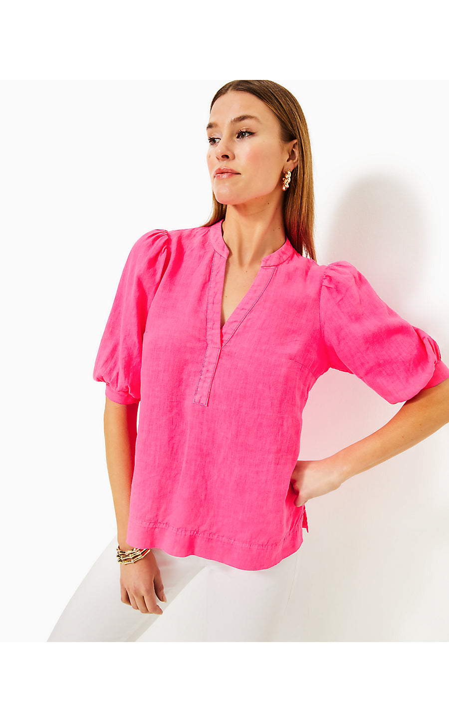 MIALEIGH ELBOW SLEEVE LINEN TOP | PASSION FRUIT PINK