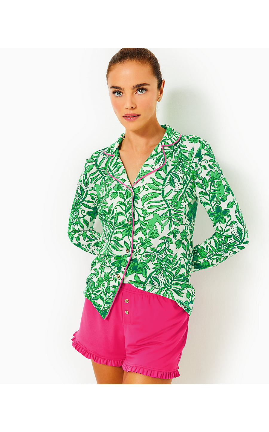 PJ KNIT LS BUTTON-UP TOP | FIDDLE LEAF GREEN