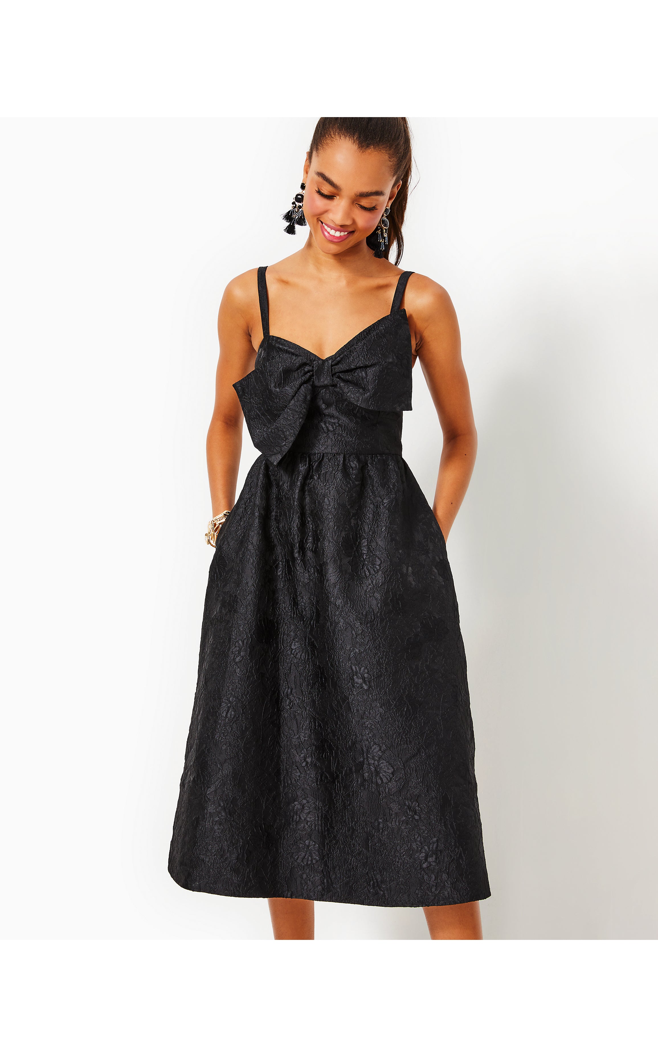 Ellara Jacquard Midi Bow Dress | Onyx Leaf An Impression Jacquard
