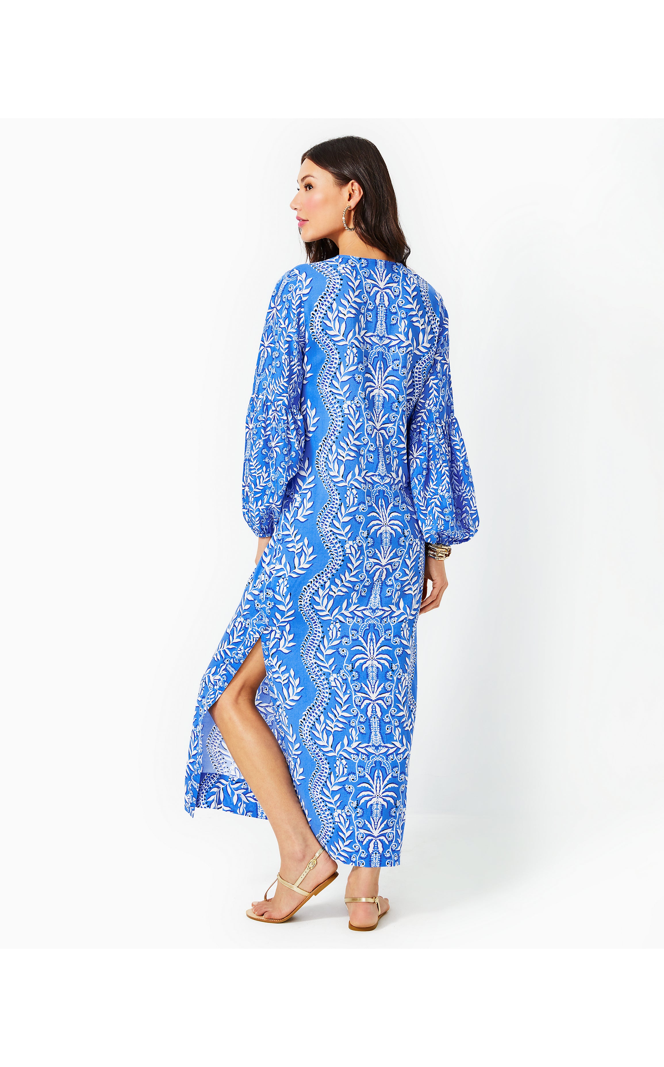 Laurelie Long Sleeve Maxi Caftan | Abaco Blue Have It Both Rays Engineered Woven Maxi