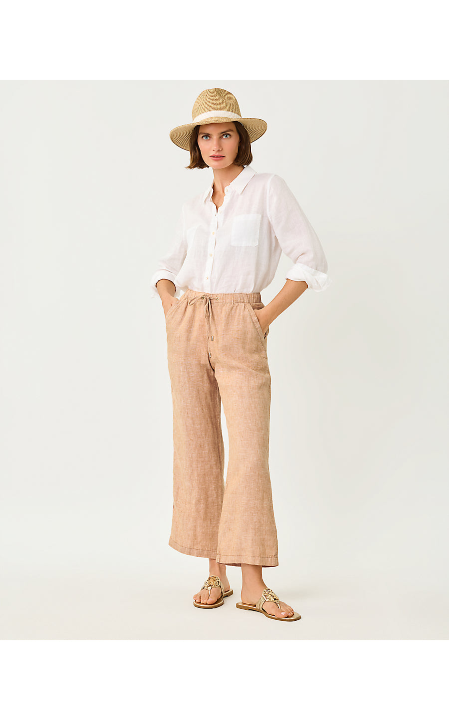 BRAWLEY LINEN CROP PANT | ICED LATTE X RESORT WHITE