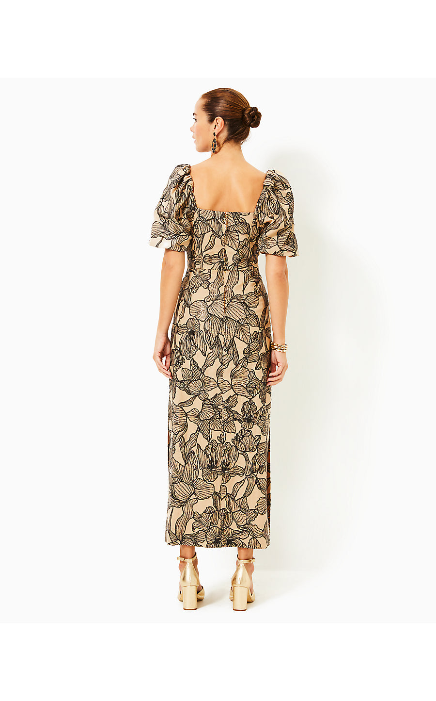 LINORA MAXI DRESS | WICKER TAN EMBROIDERED SEQUIN EXPLODED FLORA