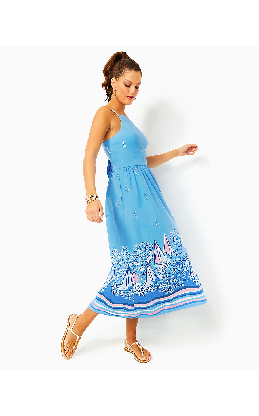 Charlese Cotton Halter Midi Dress | Lunar Blue A Lil Nauti Engineered Woven