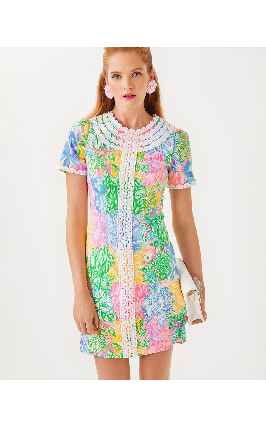 MILA SHORT SLEEVE STRETCH SHIFT | MULTI BRIGHT DELIGHT PATCH