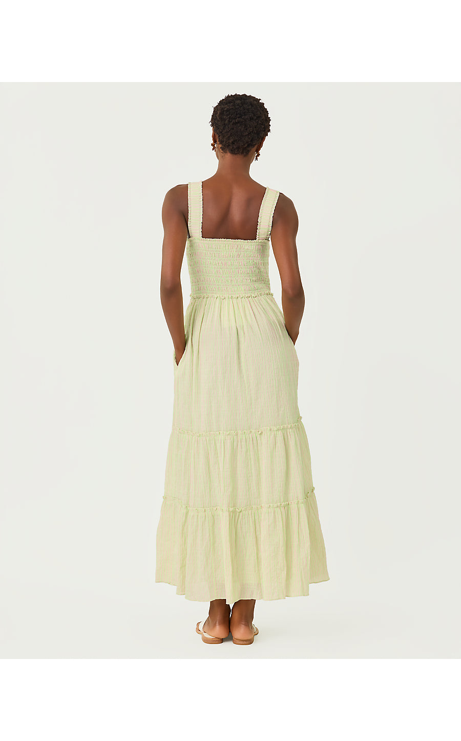 HADLY SMOCKED MAXI DRESS | PISTACHIO MACARON X CONCH SHELL PINK LTWT OXFORD STRIPE
