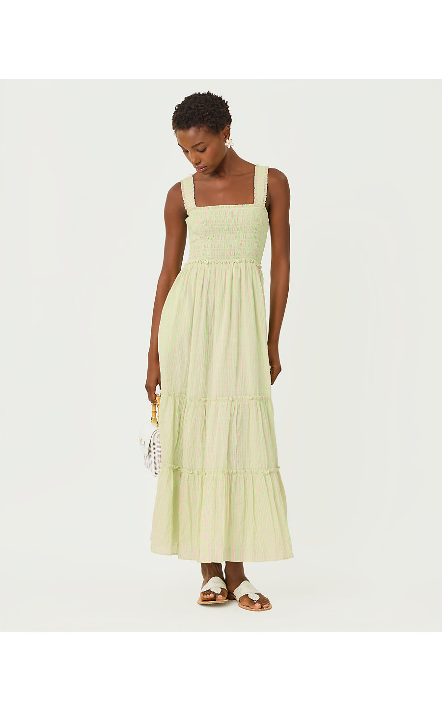 HADLY SMOCKED MAXI DRESS | PISTACHIO MACARON X CONCH SHELL PINK LTWT OXFORD STRIPE