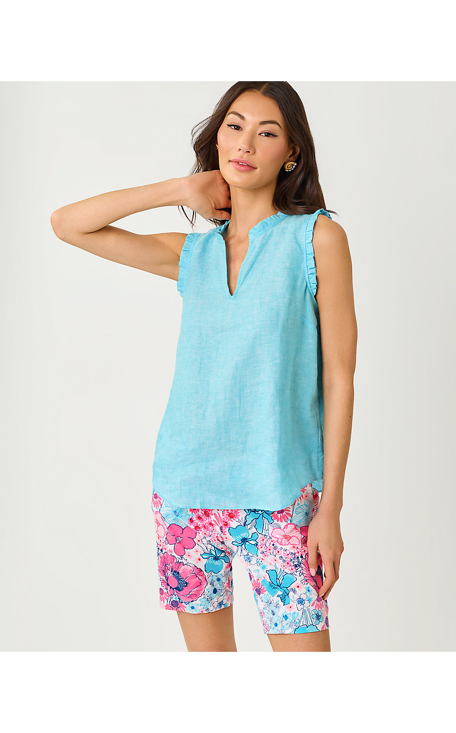 KAVALLA SLEEVELESS RUFFLE | CAPRI BLUE X RESORT WHITE