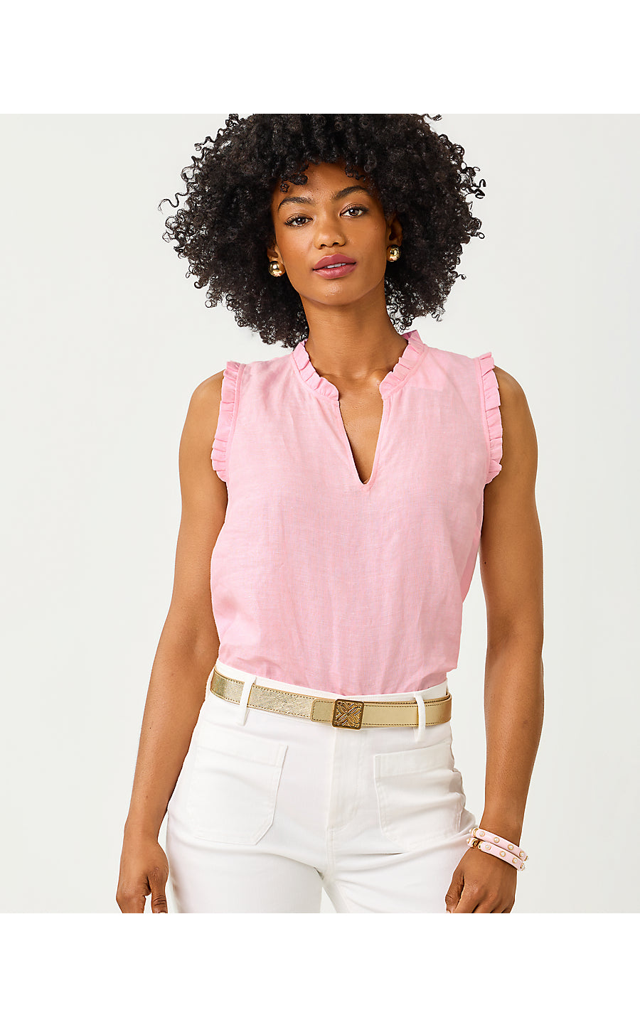 KAVALLA SLEEVELESS RUFFLE | CONCH SHELL PINK X RESORT WHITE