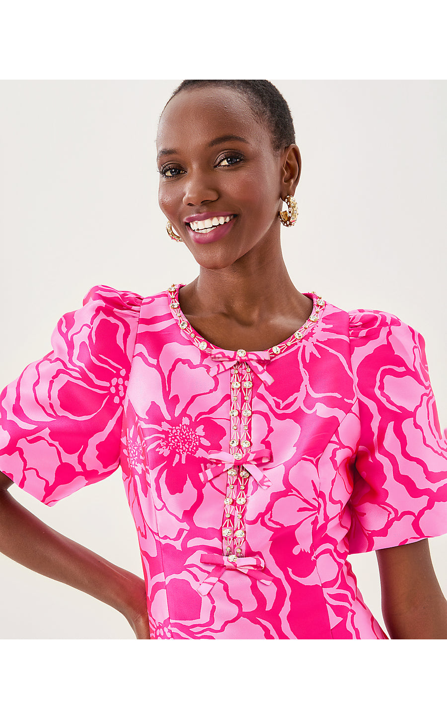 BRITNEE JACQUARD SHIFT DR | PARIGI PINK GO BIG SATIN JACQUARD