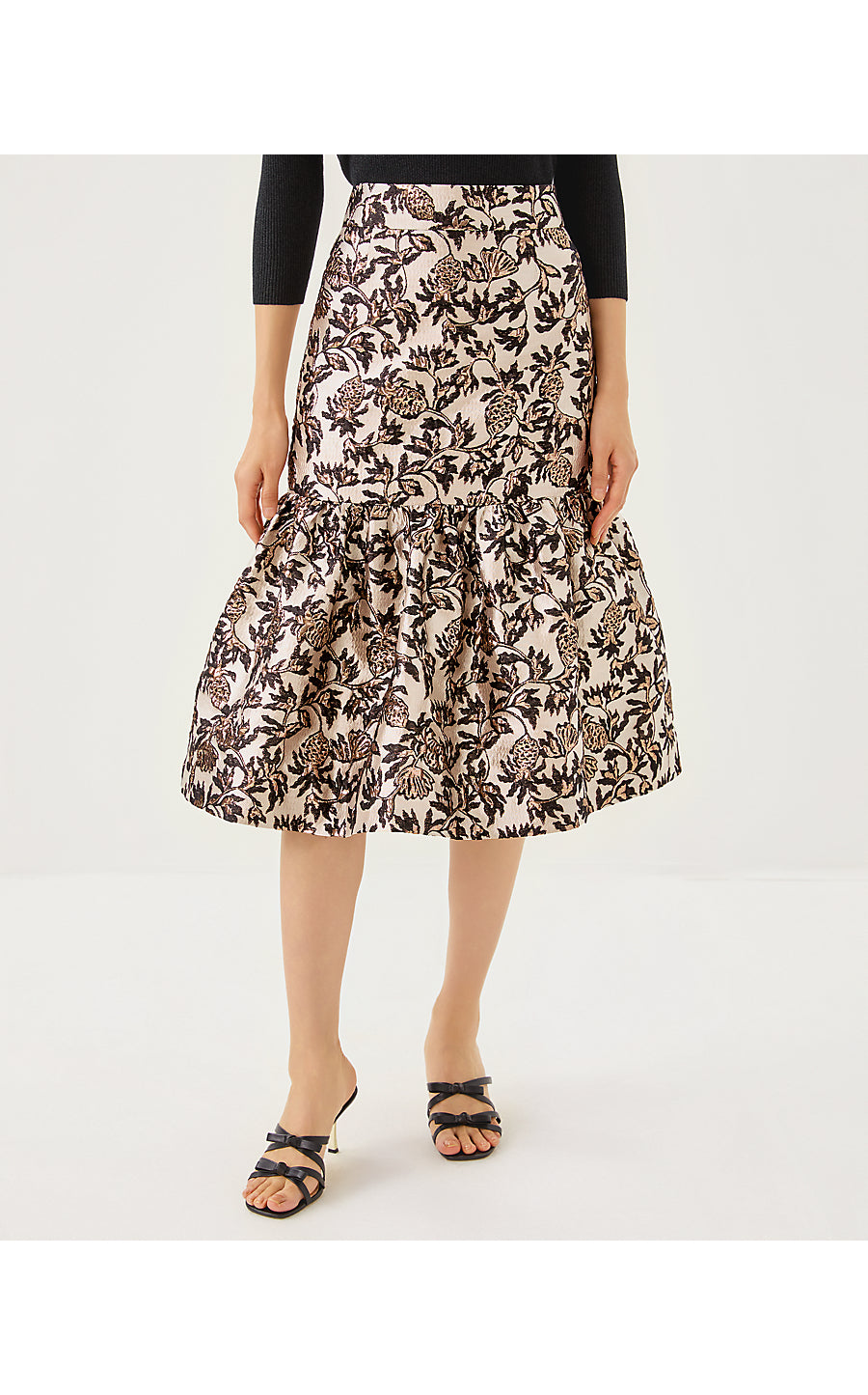 VALORA MIDI SKIRT | NOIR PINEAPPLE PUFF METALLIC JACQUARD