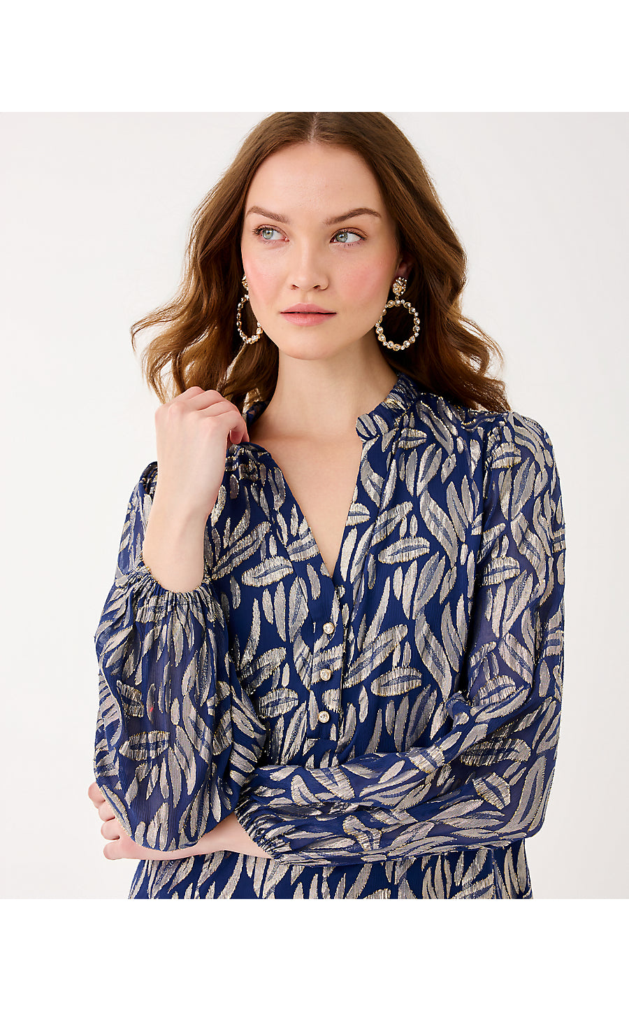 EVALINE SILK DRESS | LOW TIDE NAVY LEAFY BABE METALLIC SILK CLIP