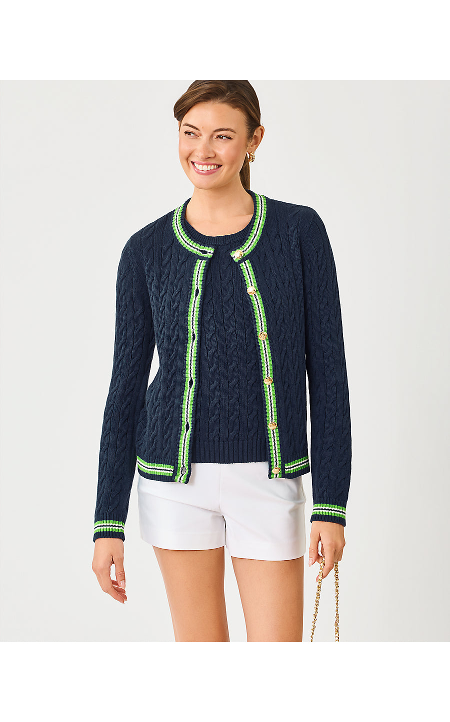 BROCKTON CREW NECK CARDIGAN | LOW TIDE NAVY X CHATEAU GREEN TIPPING