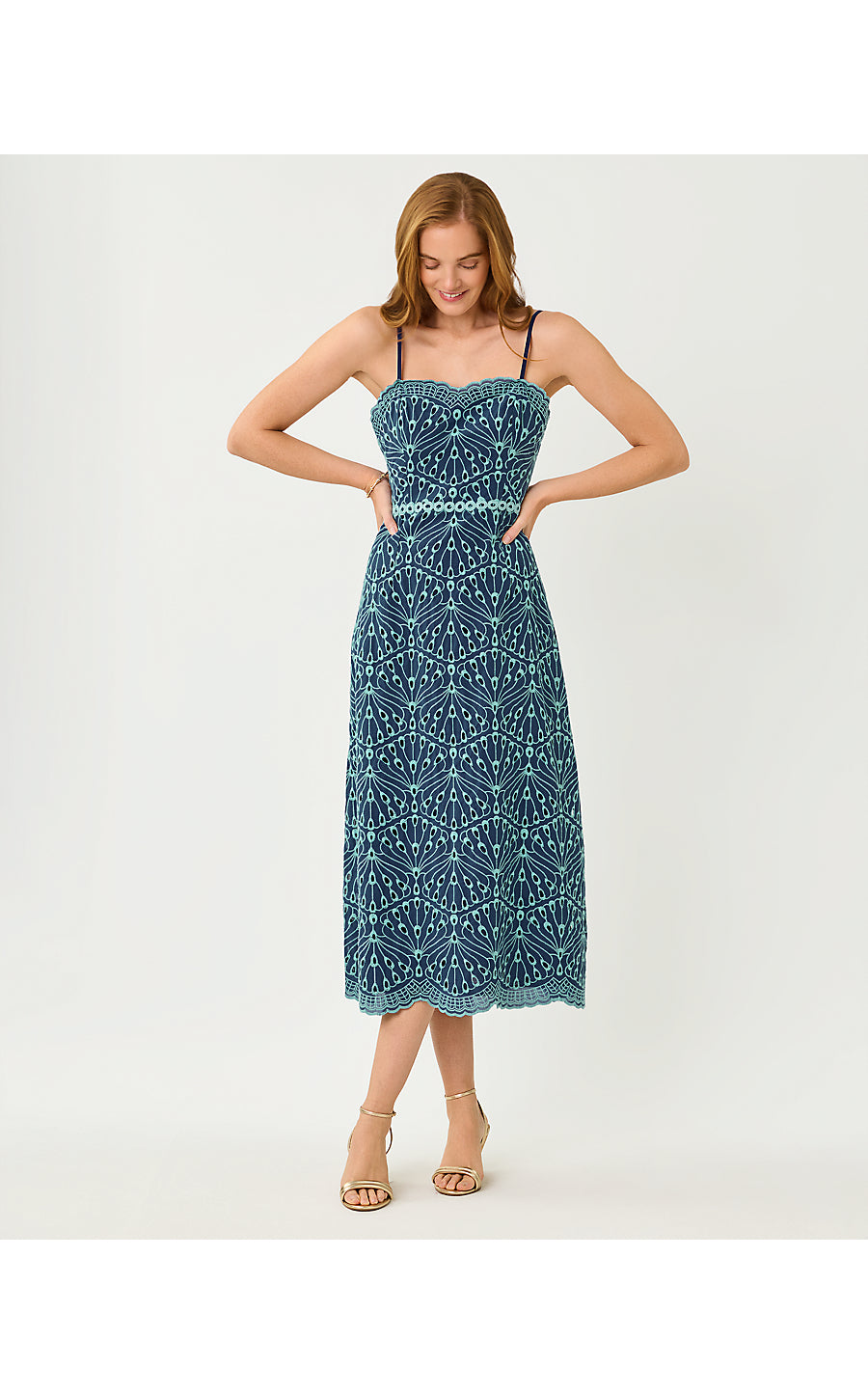 ARLIN MIDI DRESS | STARLIGHT NAVY X CAPRI BLUE QUEEN SCALLOP EYELET | Pink Leopard ARLIN MIDI DRESS | STARLIGHT NAVY X CAPRI BLUE QUEEN SCALLOP EYELET | Pink Leopard
