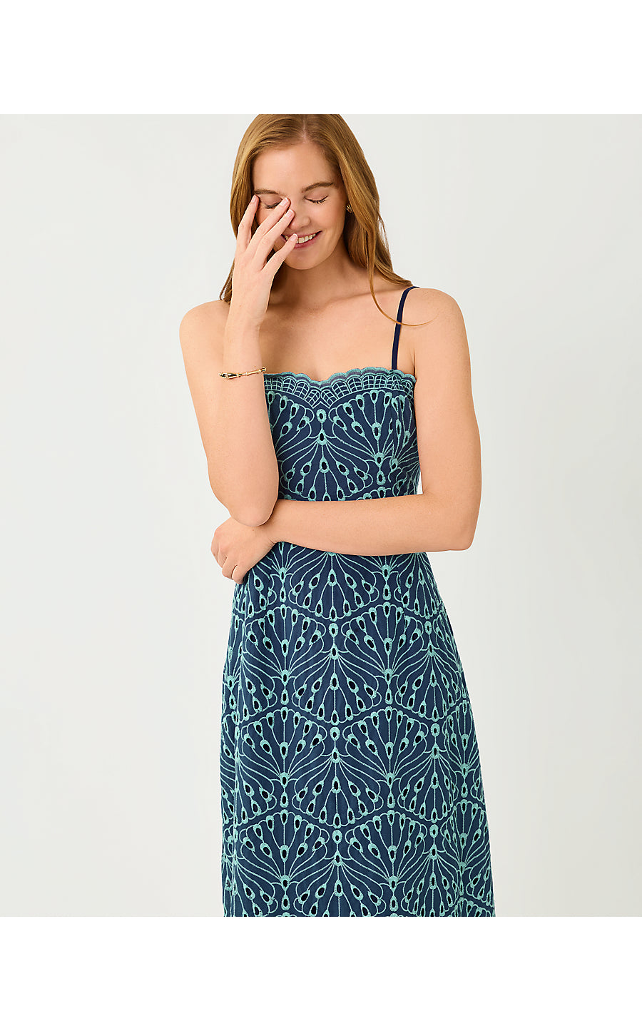 ARLIN MIDI DRESS | STARLIGHT NAVY X CAPRI BLUE QUEEN SCALLOP EYELET