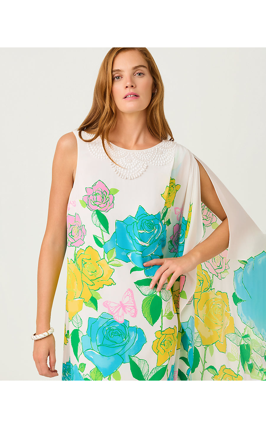JAIDA SILK MAXI CAFTAN | MULTI ROSE BUD ENIGINEERED WOVEN MAXI DRESS