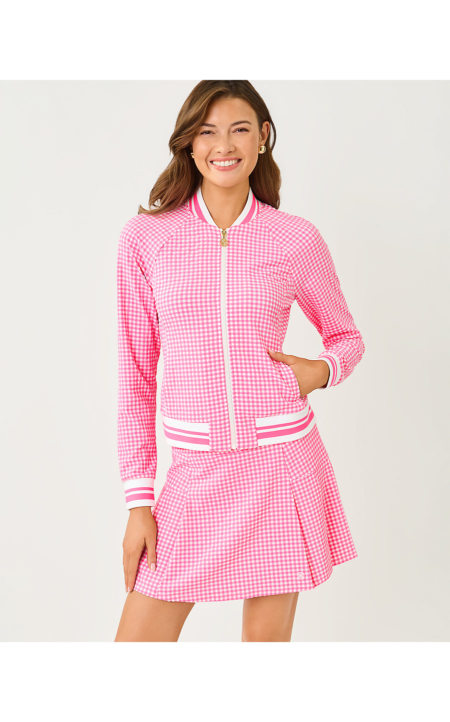JAYDEA JACKET UPF 50+ | CHERRY BLOSSOM PINK MINI PERFORMANCE GINGHAM
