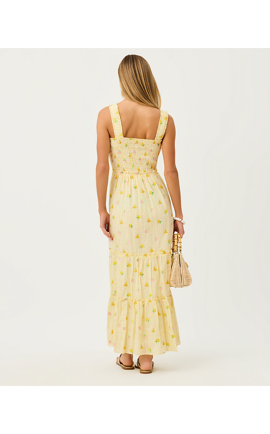 HADLY SMOCKED MAXI DRESS | ESTELLE YELLOW LTWT OXFORD STRIPE WITH LEMON BEE EMBROIDERY