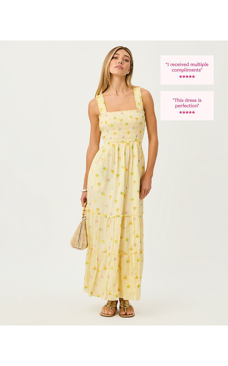 HADLY SMOCKED MAXI DRESS | ESTELLE YELLOW LTWT OXFORD STRIPE WITH LEMON BEE EMBROIDERY