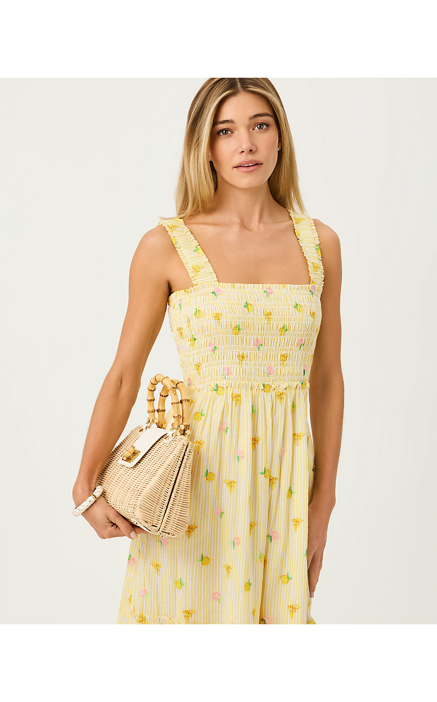 HADLY SMOCKED MAXI DRESS | ESTELLE YELLOW LTWT OXFORD STRIPE WITH LEMON BEE EMBROIDERY