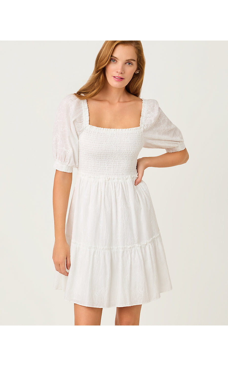 HADLY SHORT SLEEVE SMOCKED DRESS | RESORT WHITE SUNSHOWERS EMBROIDERY