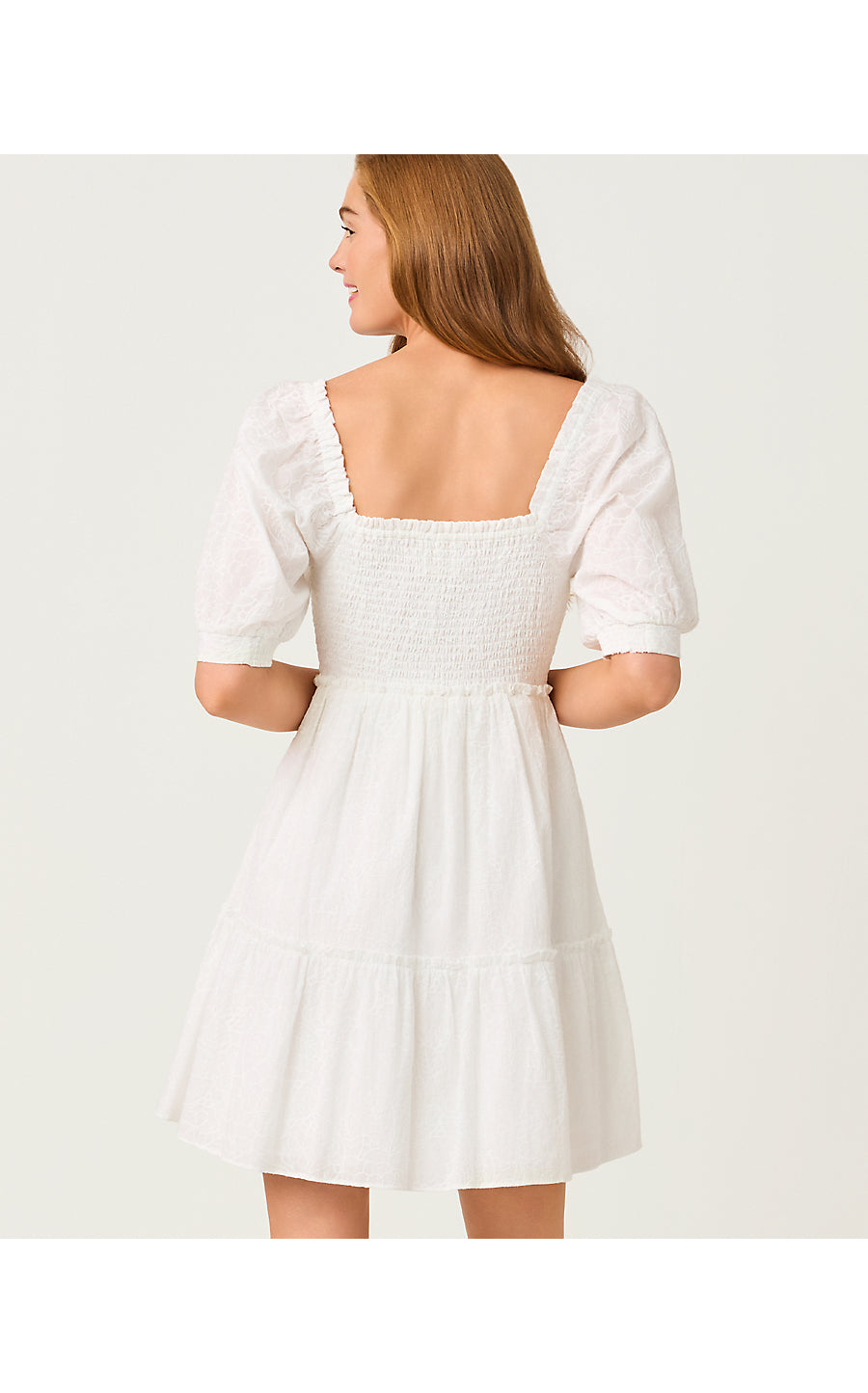 HADLY SHORT SLEEVE SMOCKED DRESS | RESORT WHITE SUNSHOWERS EMBROIDERY