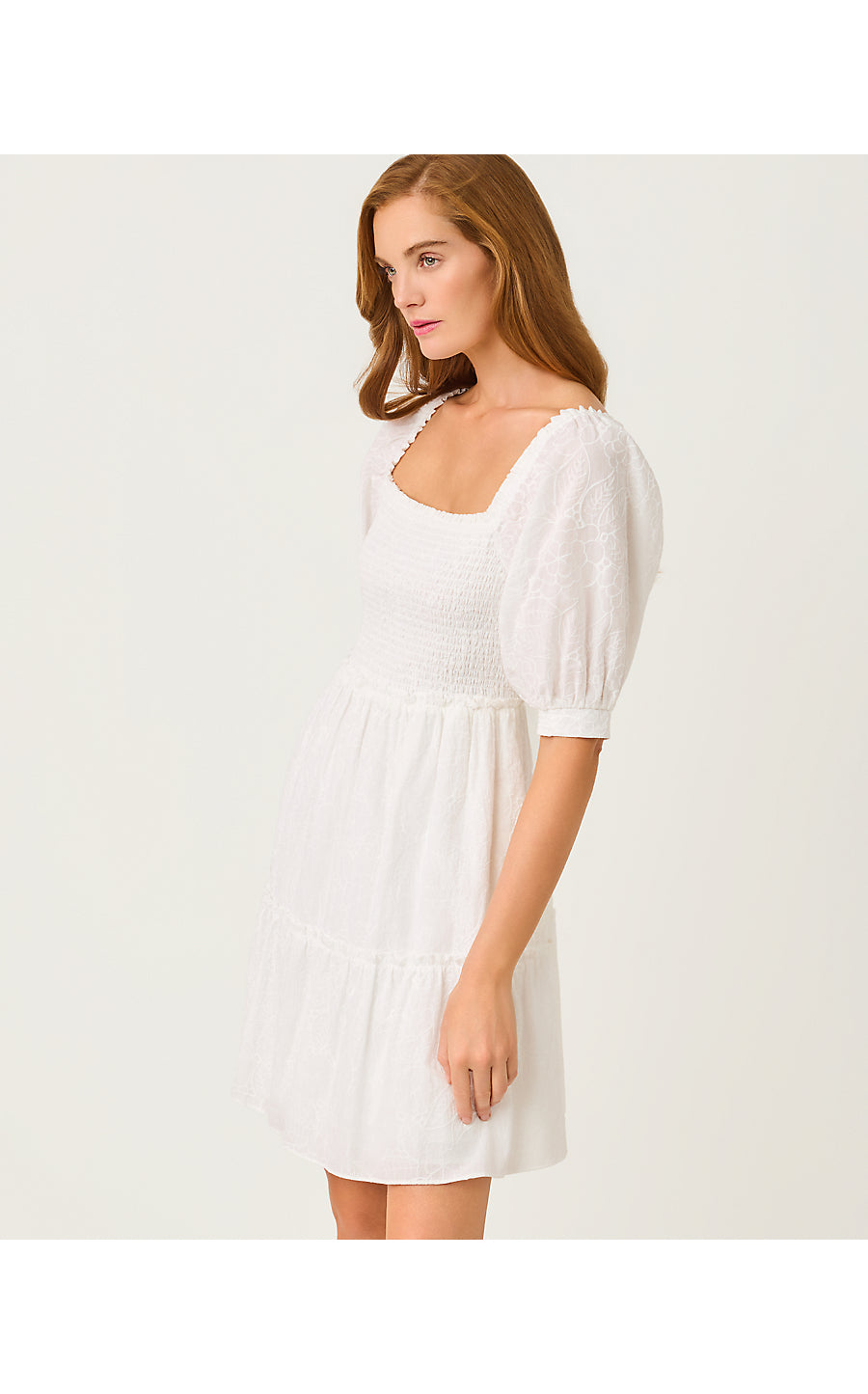 HADLY SHORT SLEEVE SMOCKED DRESS | RESORT WHITE SUNSHOWERS EMBROIDERY