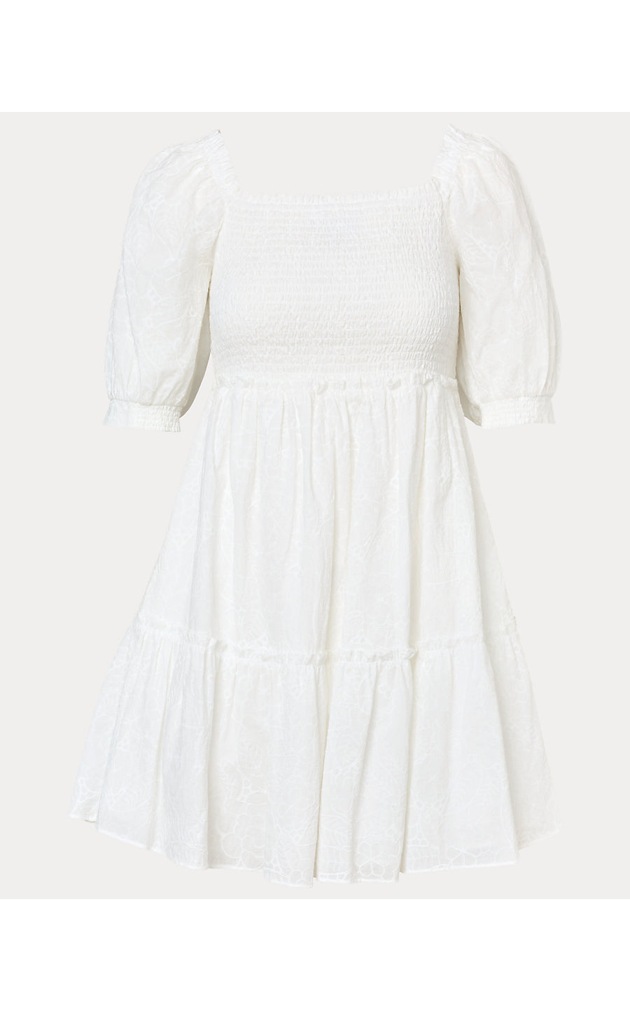 HADLY SHORT SLEEVE SMOCKED DRESS | RESORT WHITE SUNSHOWERS EMBROIDERY