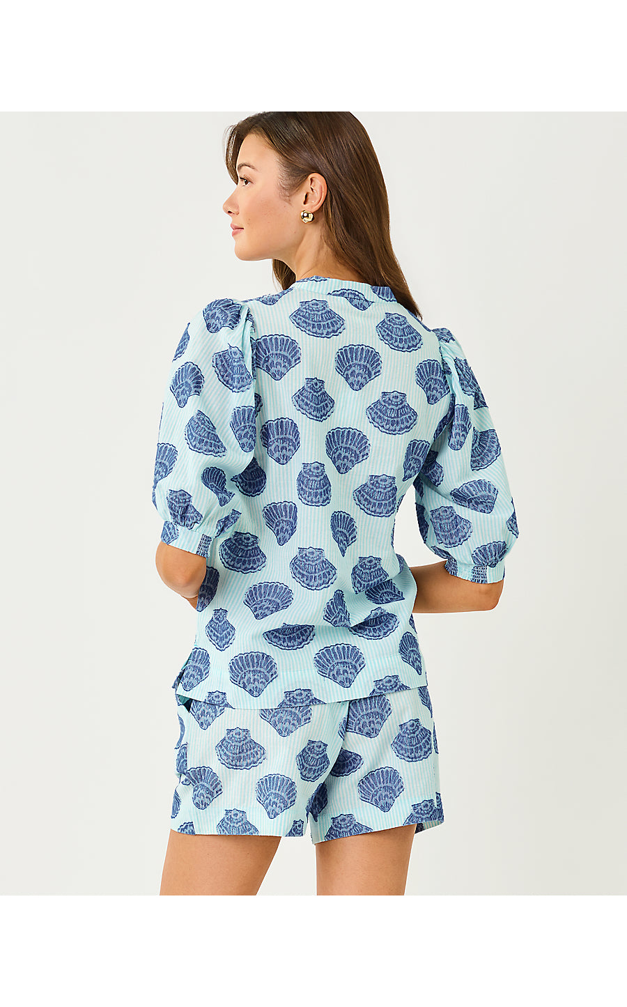 MIALEIGH ELBOW SLEEVE TOP | DAY DREAM BLUE SEASHELL JACQUARD YARN DYED STRIPE