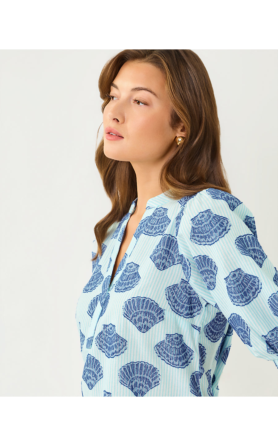 MIALEIGH ELBOW SLEEVE TOP | DAY DREAM BLUE SEASHELL JACQUARD YARN DYED STRIPE