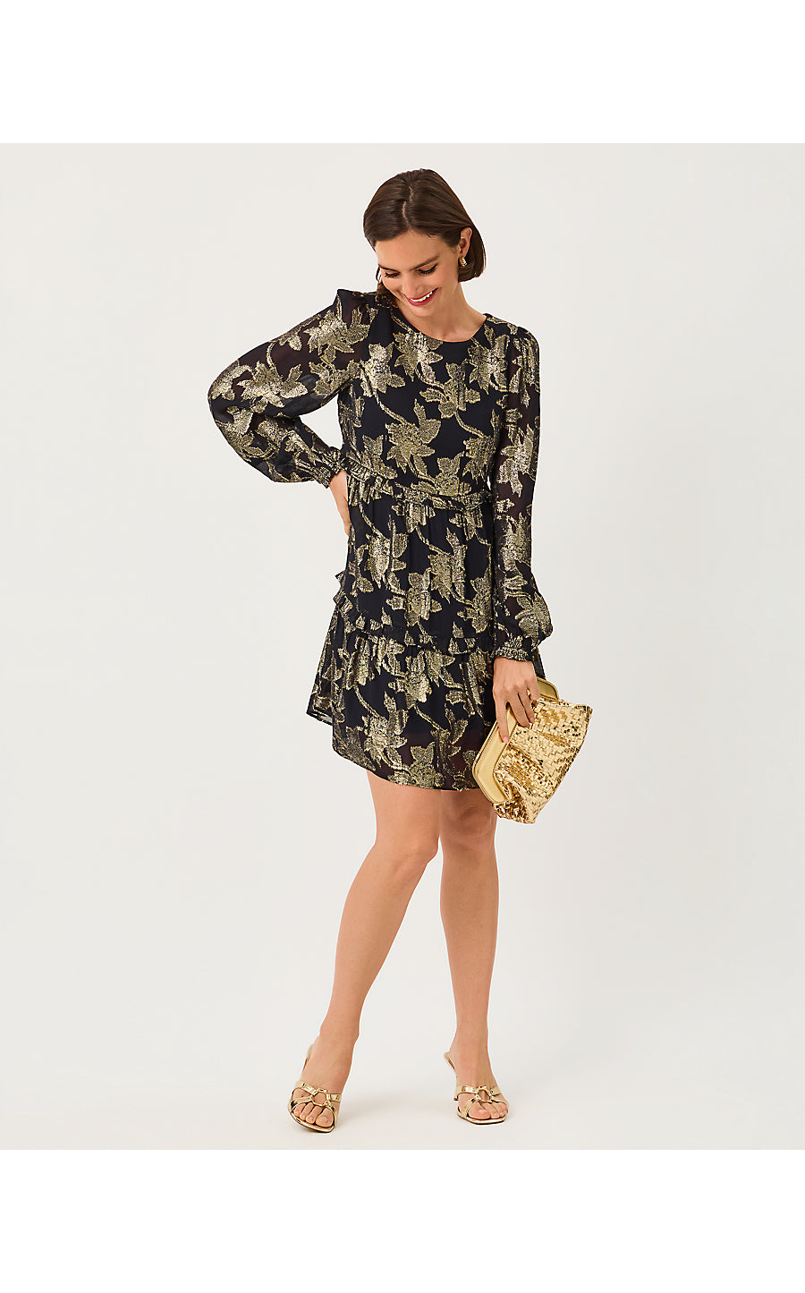 CECILE DRESS | NOIR FALLING FLORAL VISCOSE METALLIC CLIP