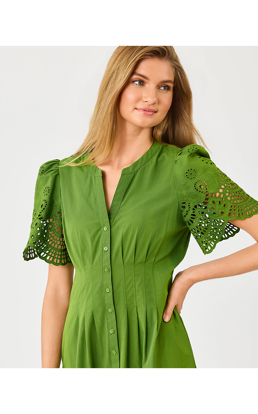 WAYLAND MIDI DRESS | OREGANO SCALLOPED EYELET BORDER POPLIN