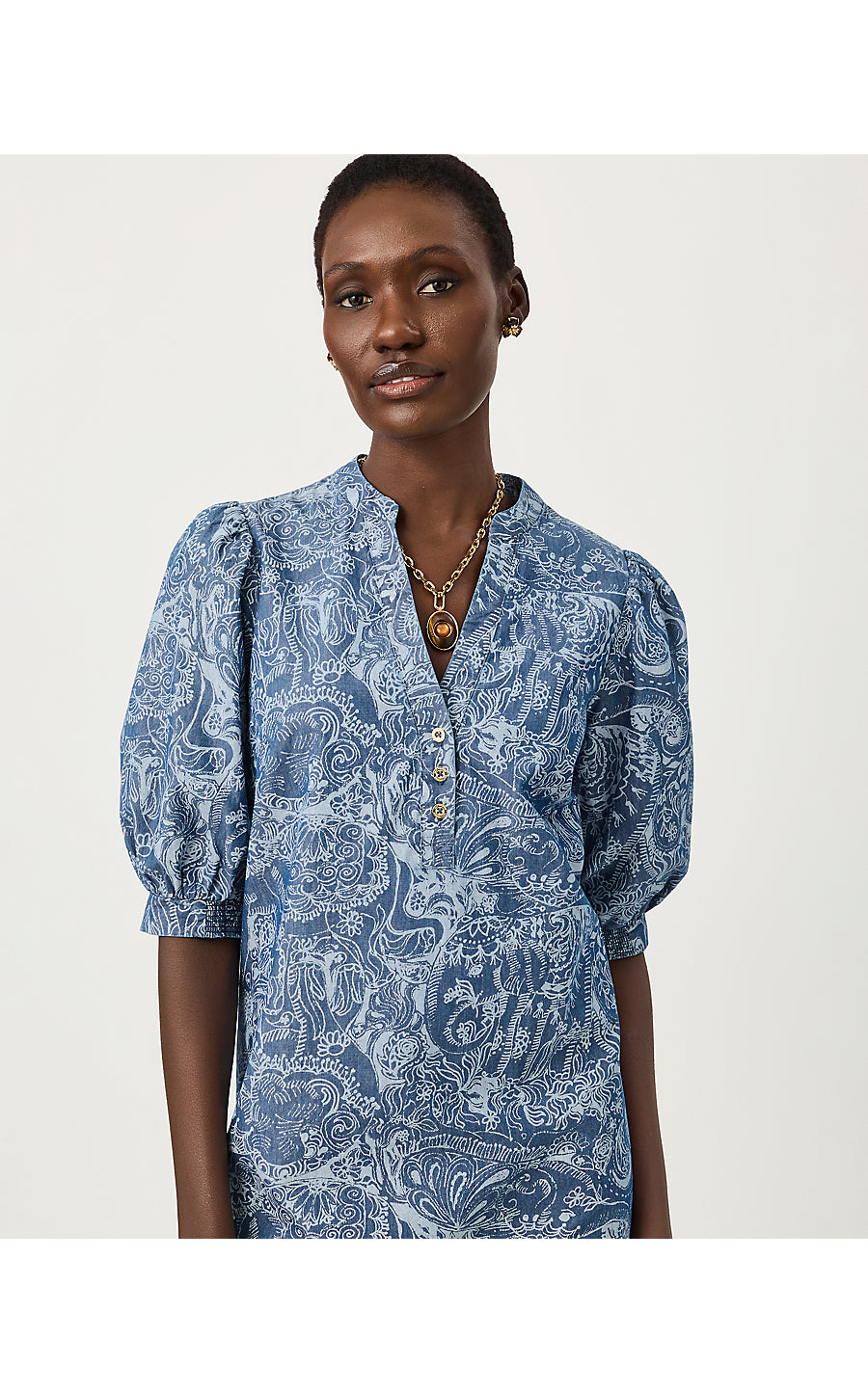 MIALEIGH ELBOW SLEEVE DRESS | INDIGO ALL DAY CHAMBRAY PAISLEY PARADE PIGMENT