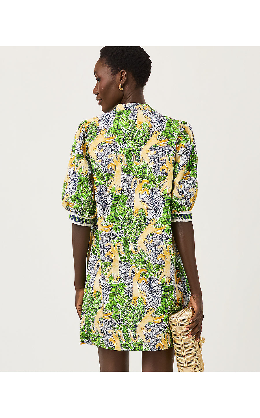 MIALEIGH ELBOW SLEEVE DRESS | MULTI LIL PALM PROWL ENGINEERED WOVEN DRESS