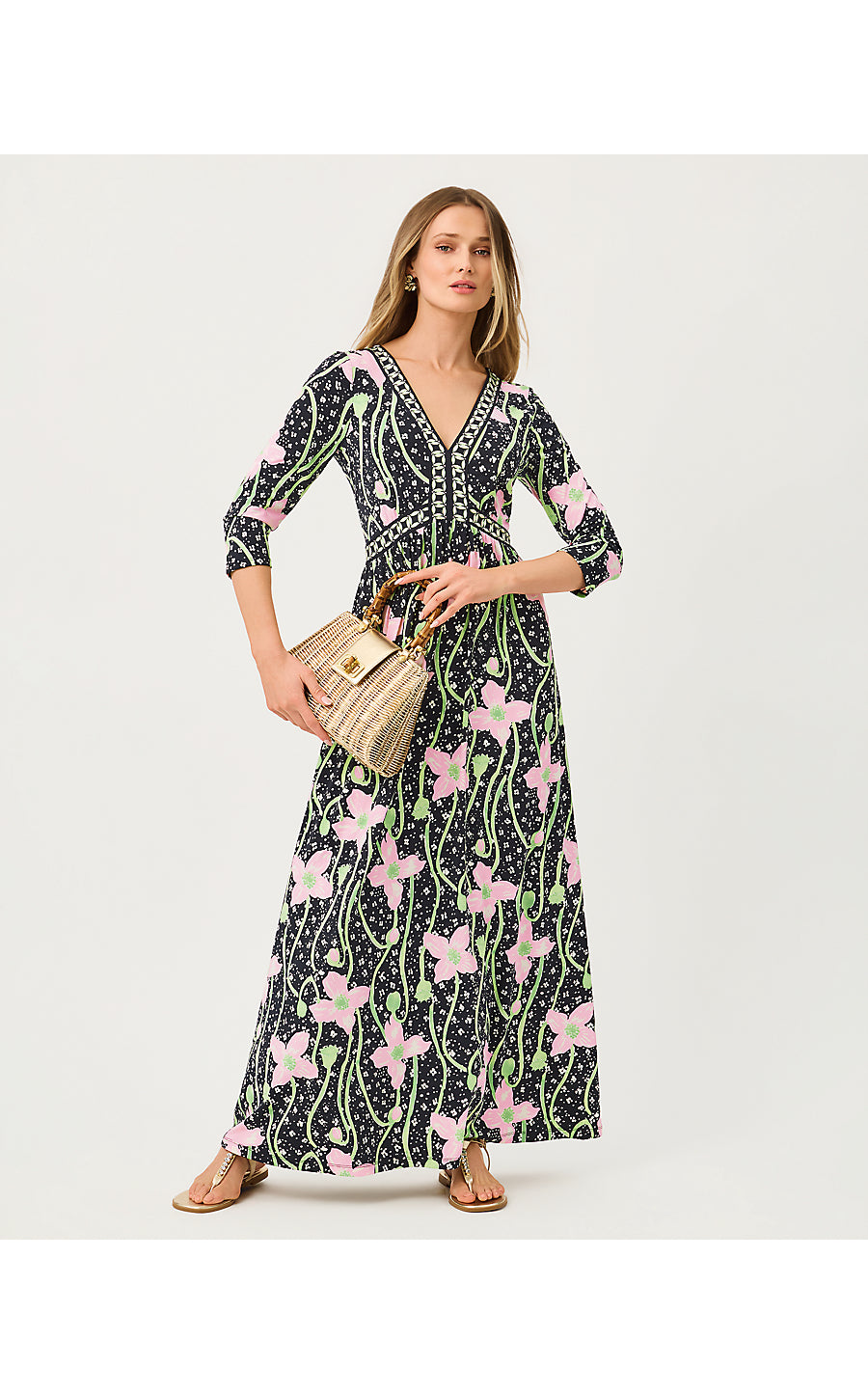 HARLYNN MAXI DRESS | ONYX BLUSHING BLOOMS ENGINEERED KNIT MAXI DRESS