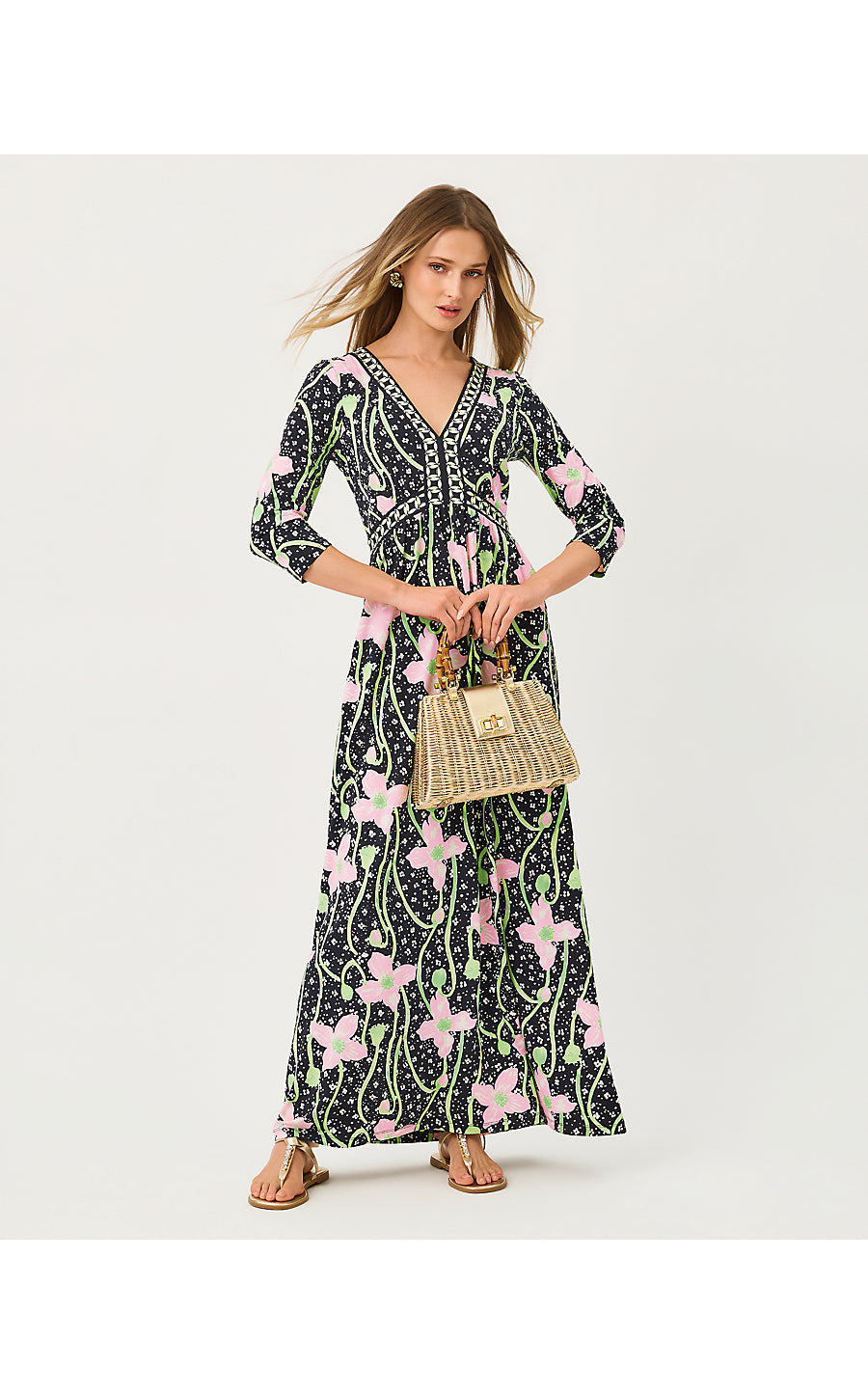 HARLYNN MAXI DRESS | ONYX BLUSHING BLOOMS ENGINEERED KNIT MAXI DRESS