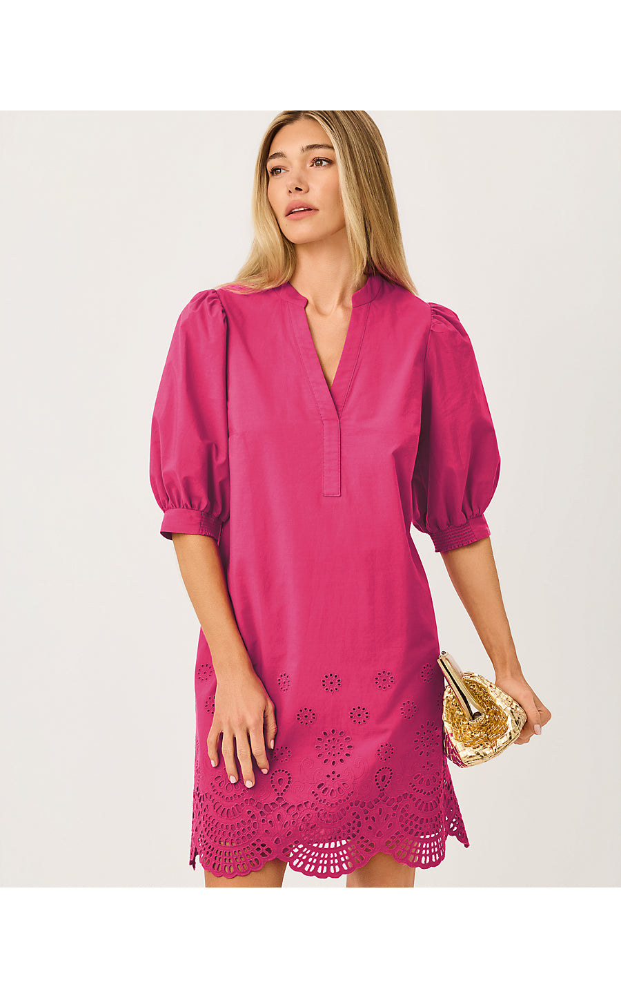 MIALEIGH ELBOW SLEEVE DRESS | BERRY BOUQUET SCALLOPED EYELET BORDER POPLIN