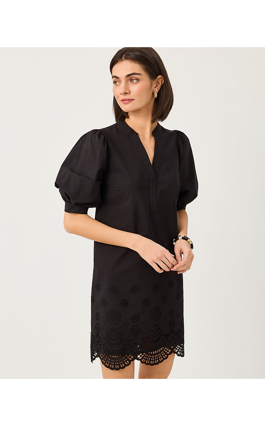 MIALEIGH ELBOW SLEEVE DRESS | NOIR SCALLOPPED EYELET BORDER