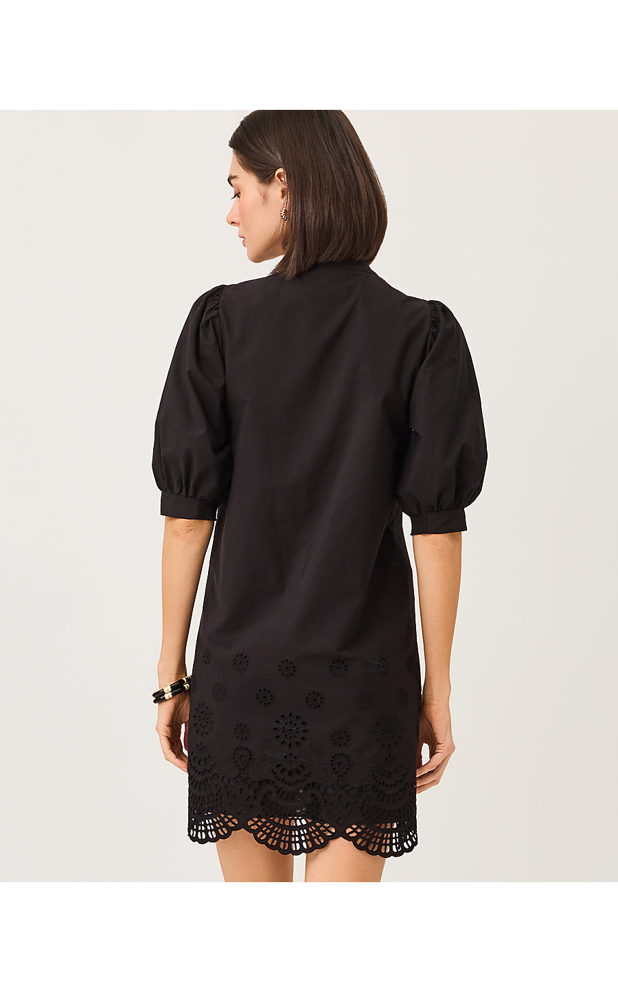 MIALEIGH ELBOW SLEEVE DRESS | NOIR SCALLOPPED EYELET BORDER