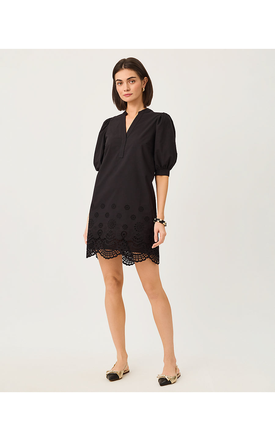 MIALEIGH ELBOW SLEEVE DRESS | NOIR SCALLOPPED EYELET BORDER