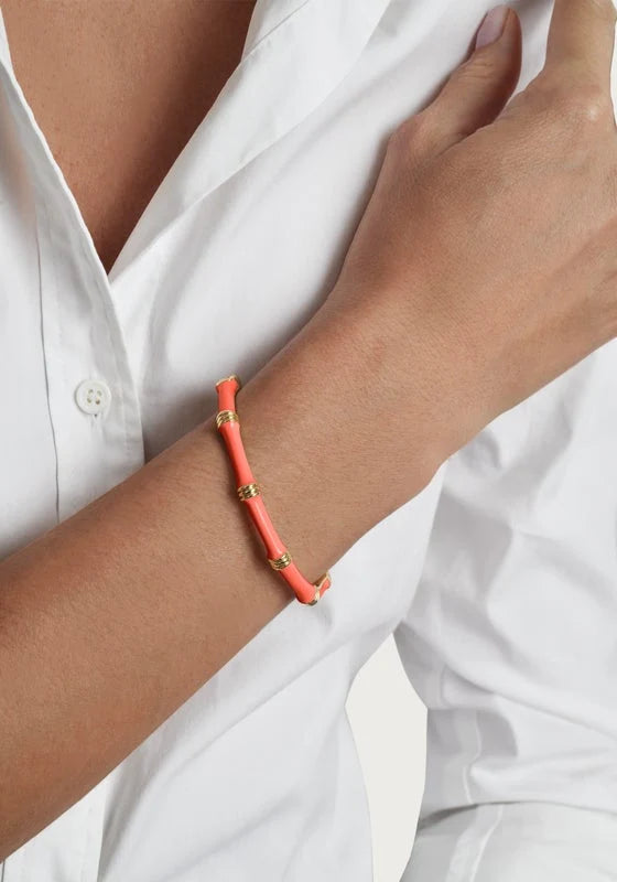 BAMBOO ENAMELED HINGED BANGLE | CORAL