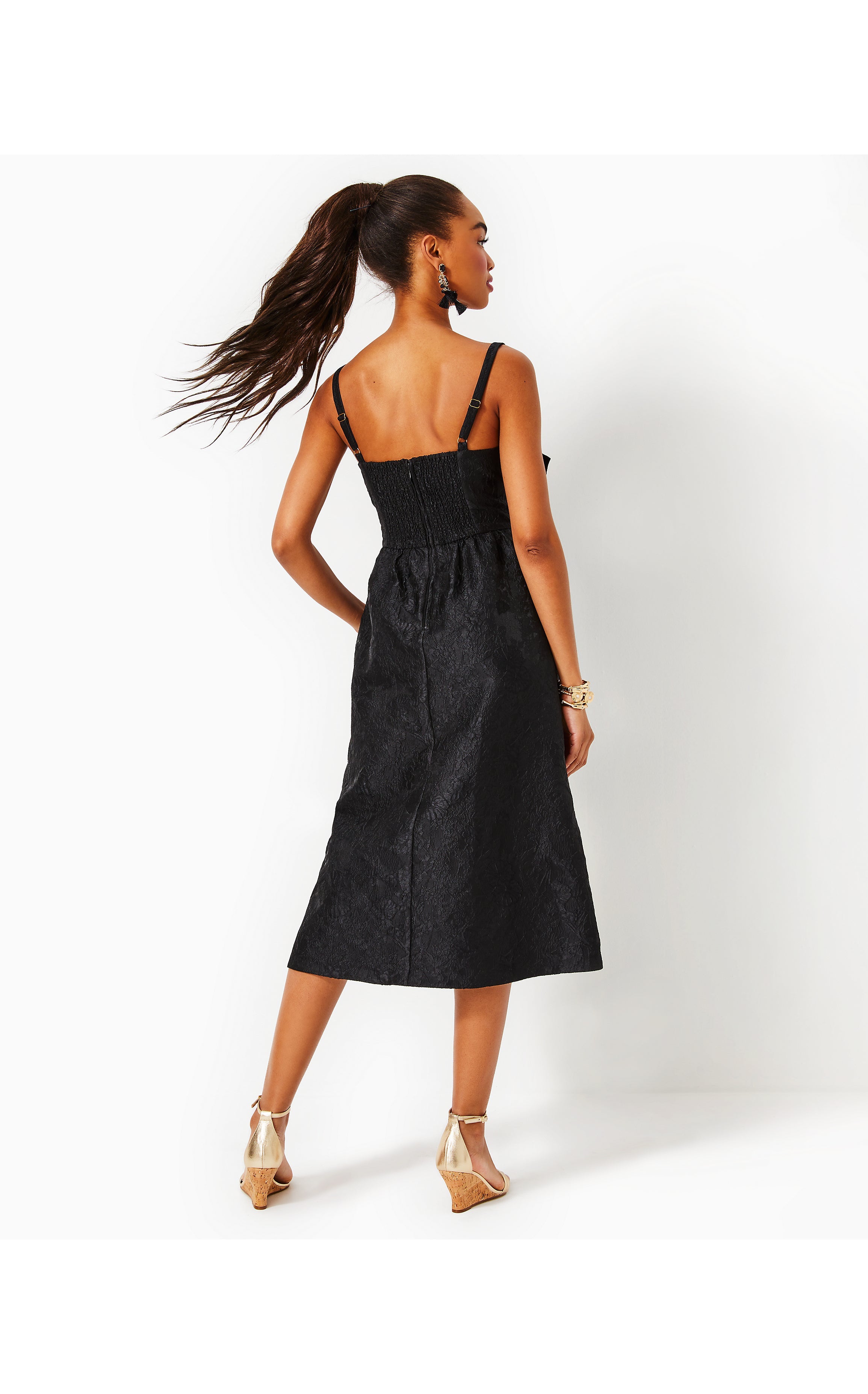 Ellara Jacquard Midi Bow Dress | Onyx Leaf An Impression Jacquard