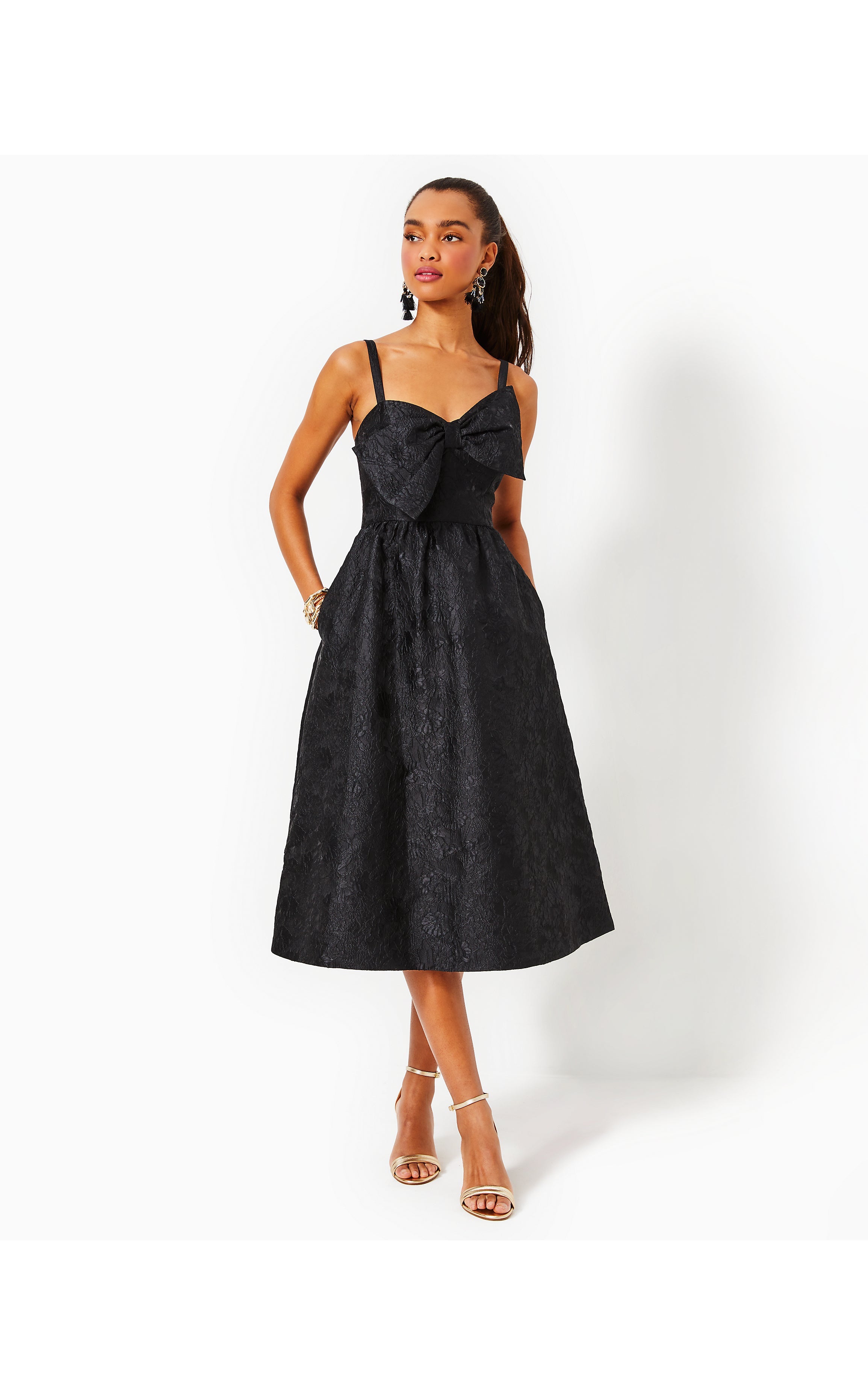 Ellara Jacquard Midi Bow Dress | Onyx Leaf An Impression Jacquard