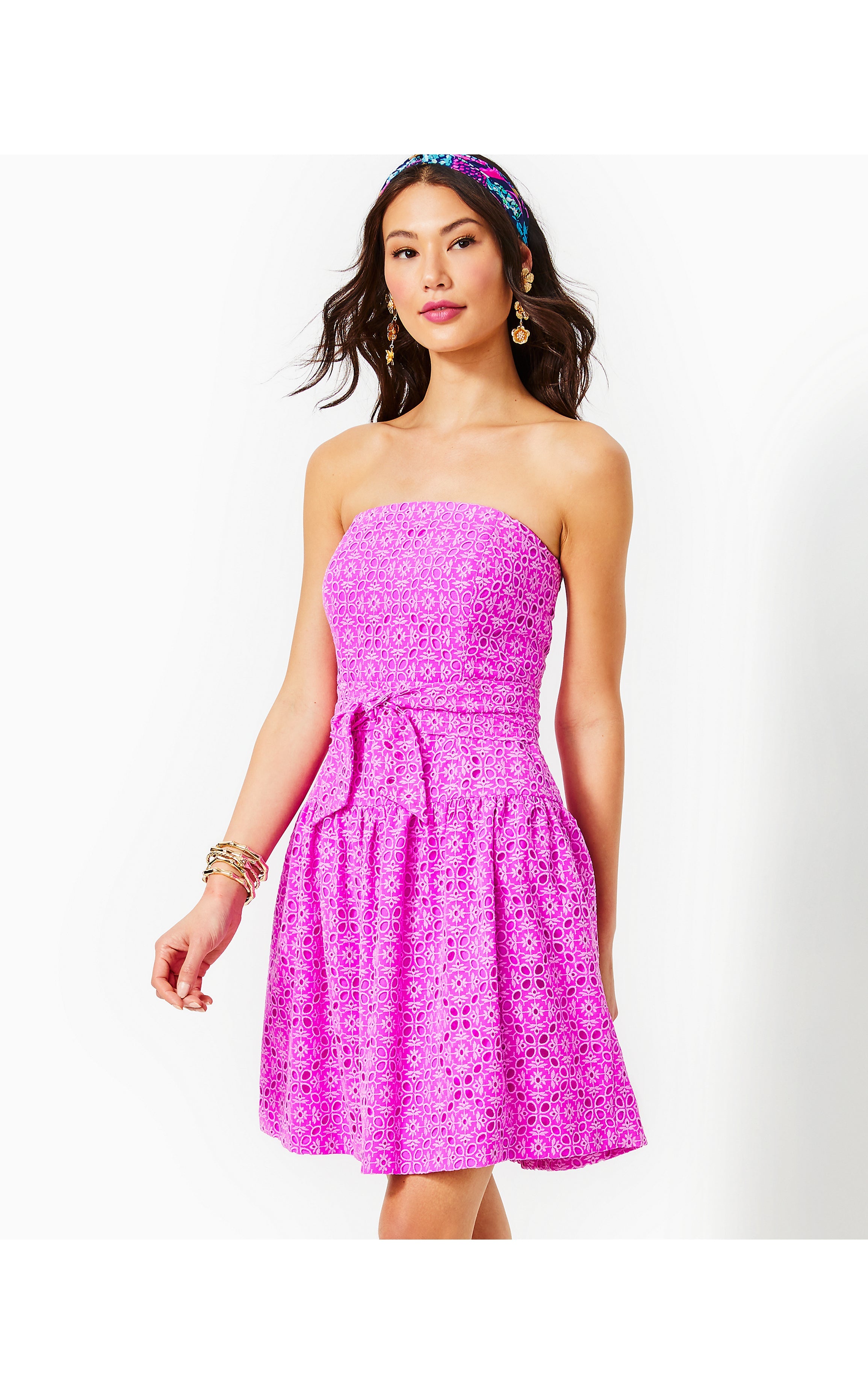 Akela Strapless Eyelet Dress | Orchid Oasis Oversized Diamond Leaf Eyelet